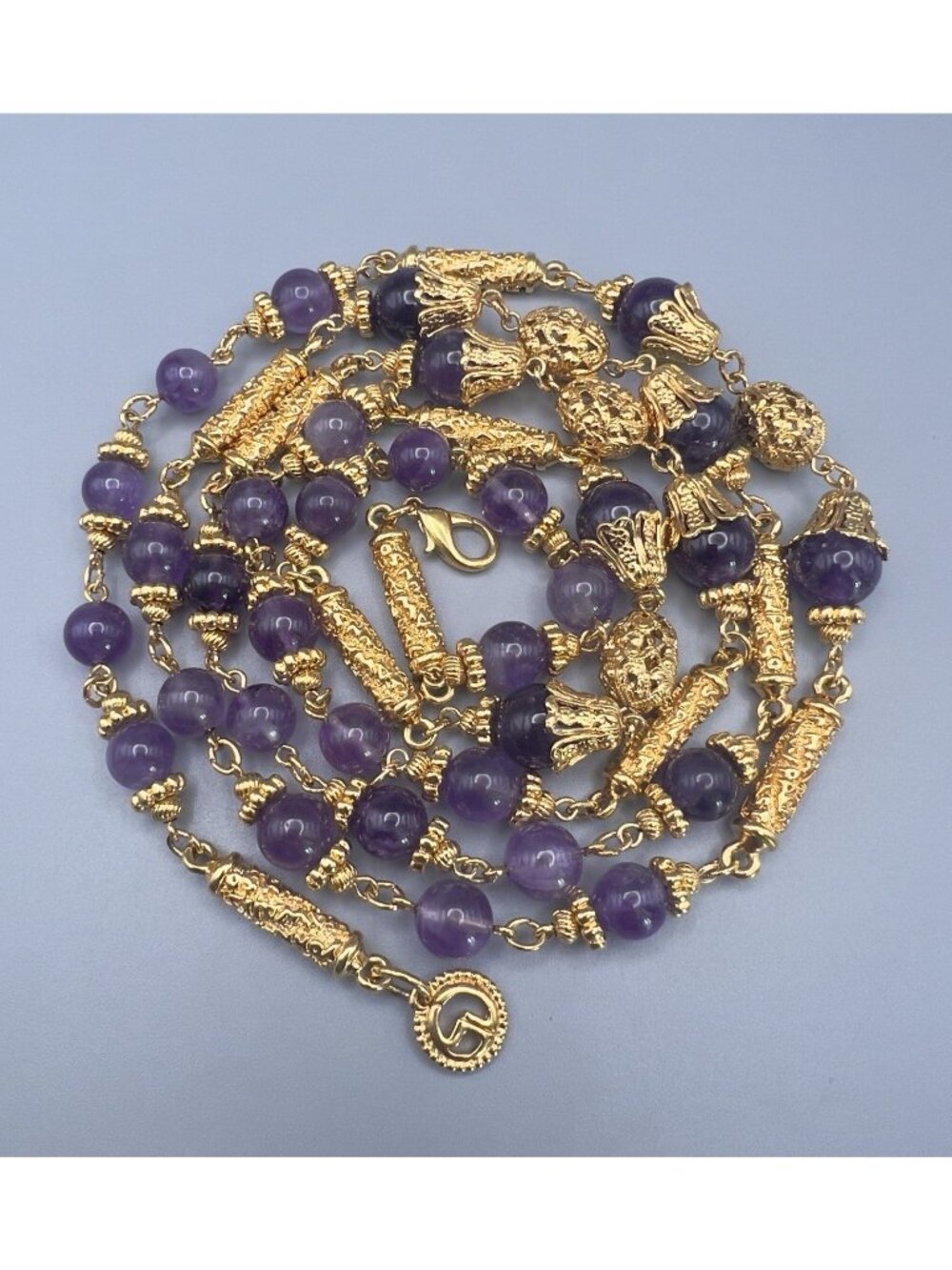ST JOHN Luxury Runway Statement Long Strand Necklace 24k Gold Tone Purple Glass